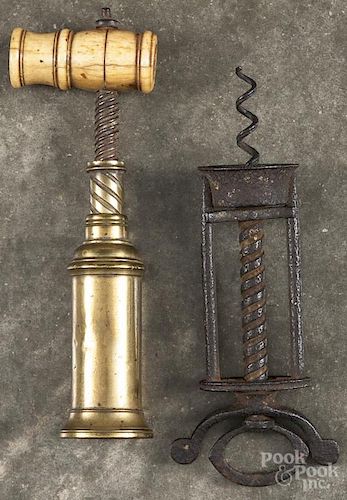 Two early brass and iron corkscrews, 6 1/2'' h.  Provenance: The Estate of Bernard B. Hillmann