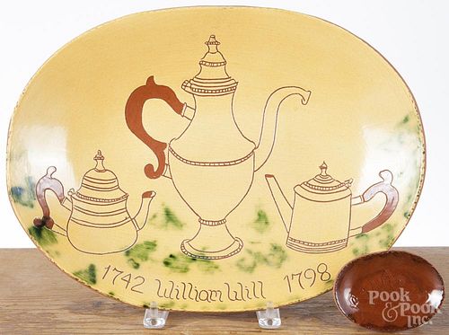 Breininger redware platter and small dish decorated with pewter objects by William Will, 11 1/4'' l.