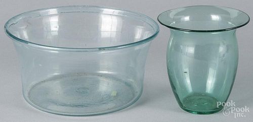 Blown aqua glass bowl and vase, mid 19th c., 4 1/8'' h., 8 1/2'' dia. and 5 1/8'' h.