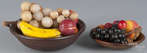 Two turned wood bowls, 19th c., with stone fruit, 10 1/4'' dia. and 6 1/2'' dia.