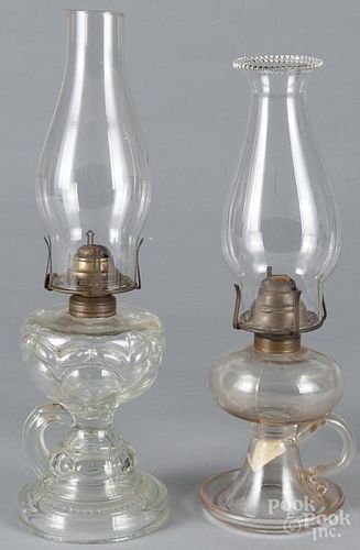 Two Victorian glass fluid lamps, together with a funnel, tallest - 14 3/4''.