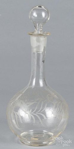 Etched glass decanter, 19th c., 12'' h.  Provenance: The Estate of Bernard B. Hillmann