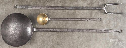Pennsylvania wrought iron ladle and flesh fork, dated 1843, stamped J. Schmidt