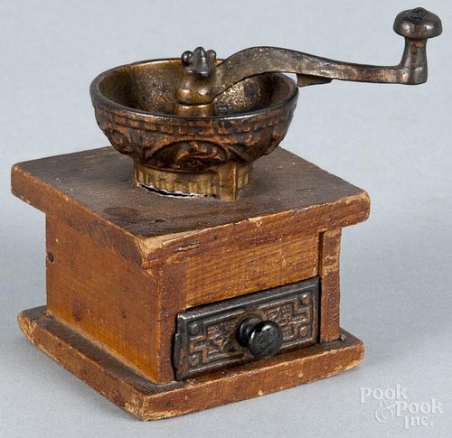 Miniature iron and pine coffee grinder, ca. 1900, 2 3/4'' h.