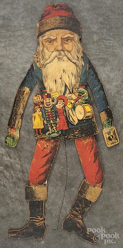 Paper litho over wood Santa Claus jumping jack toy, early 20th c., 26'' h.