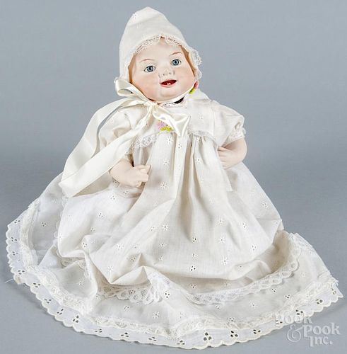 Contemporary bisque bye-lo baby doll with paperweight eyes, an open mouth, and an all-bisque body