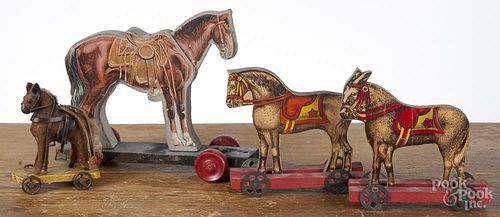 Horse pull toys, 20th c., tallest - 7 1/2''. Provenance: The Estate of Mark and Joan Eaby