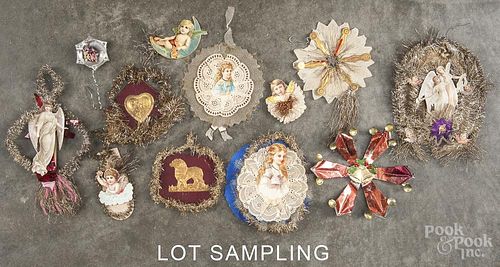 Victorian tinsel and die cut Christmas ornaments, late 19th c., to include two flat Dresden ornaments