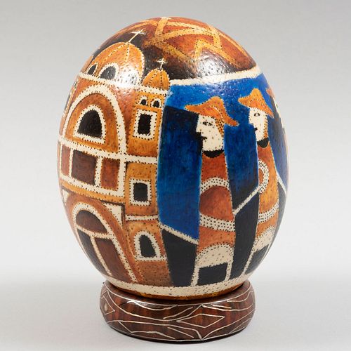 VÍCTOR MOHEDANO. (México, 1956) Sin título. Firmado. Óleo sobre huevo de avestruz. Con base de madera.