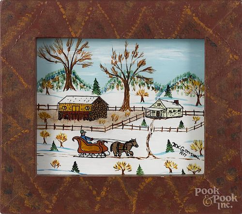 David W. Gottshall, reverse painted winter landscape, signed and dated 1977 lower right