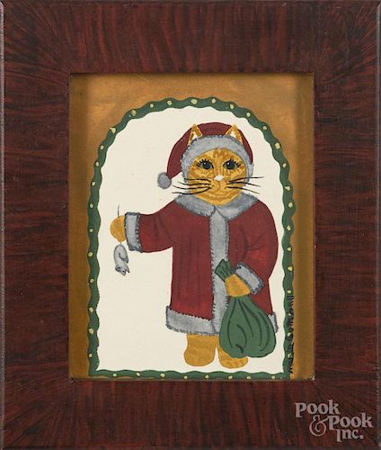 Marie Gottshall, watercolor of a cat in a Santa suit, signed lower right, 4 1/2'' x 3 1/2''.