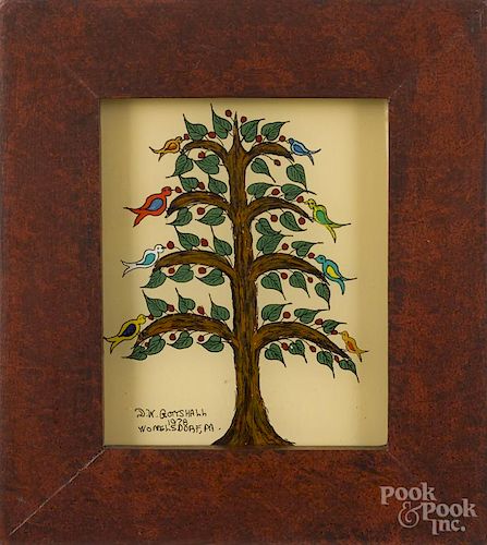 David W. Gottshall, reverse painted bird tree, signed and dated 1978 lower left, 4 1/2'' x 3 1/2''.