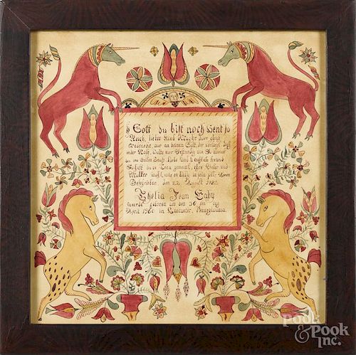 Gina Hosfeld, contemporary watercolor fraktur, signed and dated 1982, 13 3/4'' x 13 3/4''.