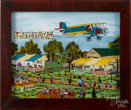 David W. Gottshall, reverse painted landscape of the Kutztown Folk Festival, signed and dated 1994