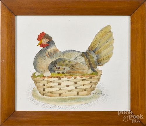 Contemporary oil on velvet theorem of a chicken on a nest, signed Ruth Geary, 9 1/2'' x 11 1/2''.