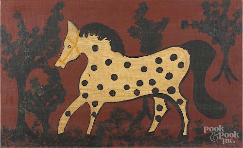 Barbara Strawser, contemporary oil on wood panel of a spotted horse, initialed lower right