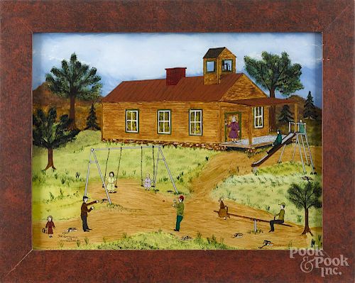 David W. Gottshall, reverse painted landscape with schoolhouse, signed and dated 1978 lower left