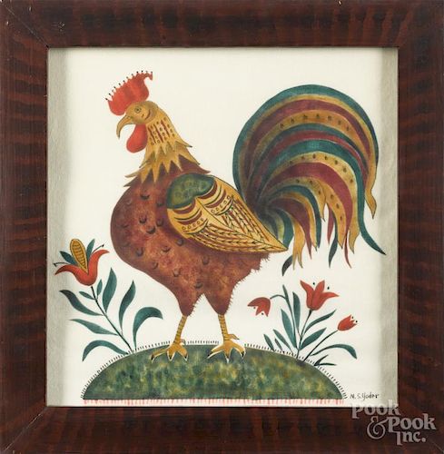 Contemporary oil on velvet theorem of a rooster, signed Marjorie S. Yoder and dated 1971