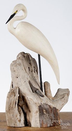 Contemporary carved and painted egret mounted on driftwood, branded W, 21 1/2'' h.
