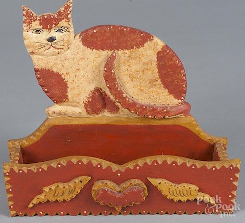 Walter Gottshall, carved and painted cat wall box, initialed and dated 92 on underside, 19'' h.