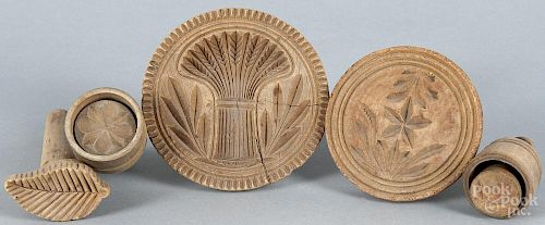 Five carved butter prints, 19th c., largest - 4 1/2'' dia.