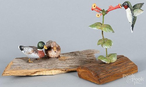 Two contemporary miniature bird carvings, signed L. Lahr 1982, tallest - 6 3/4''