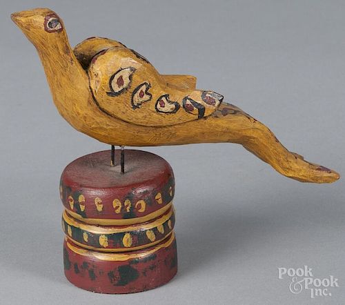 Daniel and Barbara Strawser, carved and painted bird, initialed and dated 70 on underside