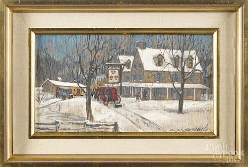 Charles X. Carlson (American 1902-1991), oil on wood panel winter landscape with a stagecoach, signed