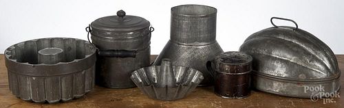 Tin kitchen items, 19th c., to include food molds, bucket, shaker, etc.