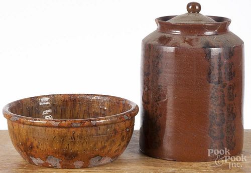 Pennsylvania redware bowl, 19th c., with manganese splotching, 3'' h., 8'' dia.