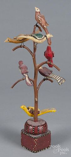 Daniel and Barbara Strawser, carved and painted bird tree, initialed and dated 70 on underside