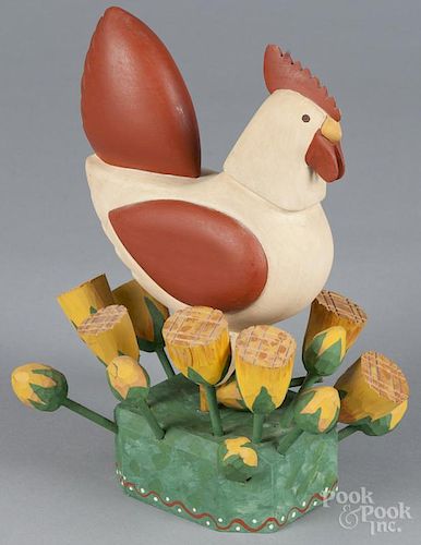 Gina Hosfeld, carved and painted rooster, titled Welcome Spring, signed and dated 1982