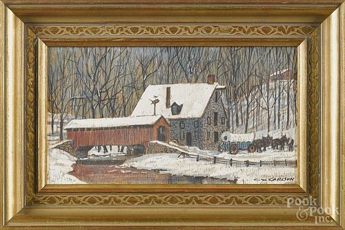 Charles X. Carlson (American 1902-1991), oil on wood panel winter landscape with a stagecoach