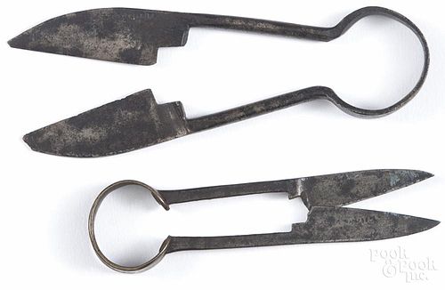 Two miniature wrought iron sheep shears, 19th c., one inscribed Ingham