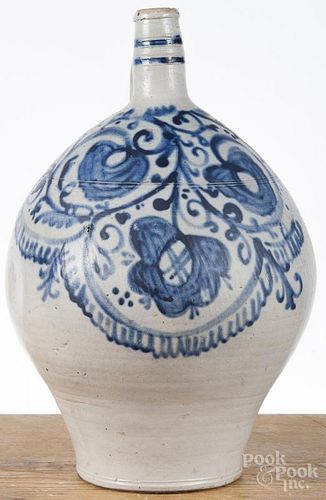 German stoneware ovoid jug, 19th c., with cobalt floral decoration, 14'' h.