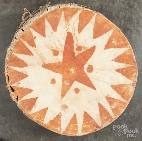 Native American Indian painted drum, 20th c., with star decoration, 21 1/2'' dia.