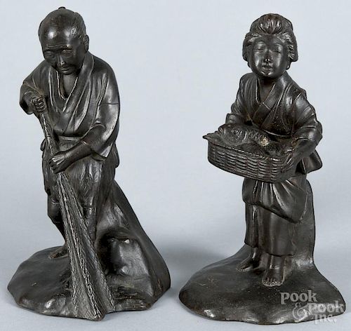 Pair of Asian bronze fisherman bookends, 19th c., 8 1/2'' h.
