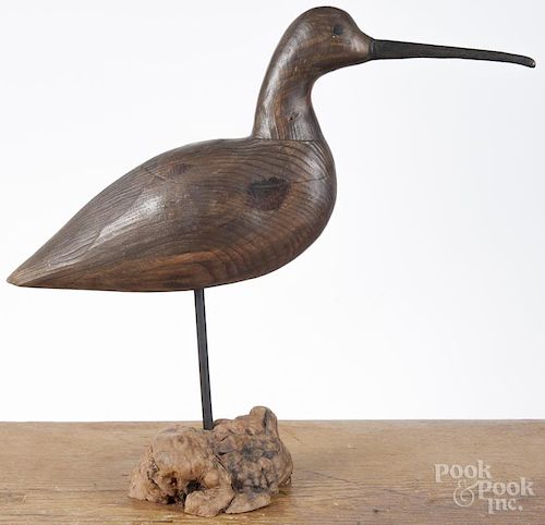 Bob Booth, Chincoteague, Virginia carved shorebird decoy, signed and dated 1991, 14'' h.