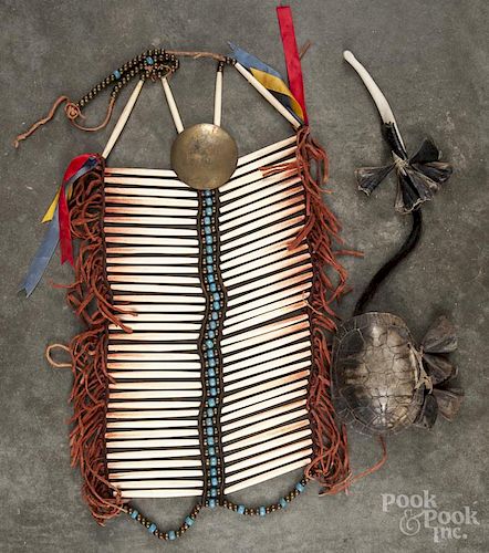 Contemporary Native American Indian breast plate, together with a turtle shell-form rattle