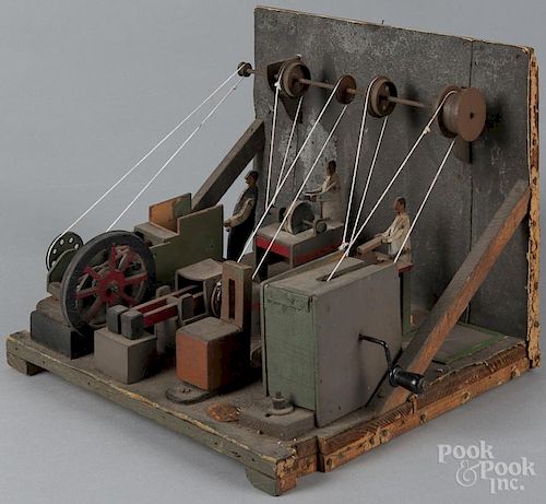 Painted wood mechanical woodshop model, early 20th c., 10 1/4'' h., 12 1/2'' w., 12'' d.
