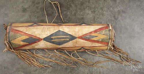 Native American Indian Northwest Plains parfleche bonnet case, 20th c., 24'' l.