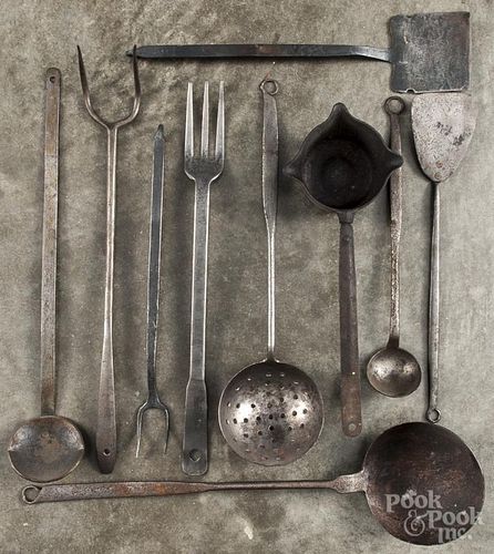 Ten wrought iron long handled utensils, 19th/20th c., longest - 21''.