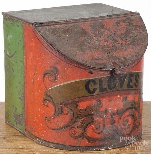 Painted tin Cloves store canister, 19th c., 7 1/4'' h. Provenance: The Estate of Mark and Joan Eaby