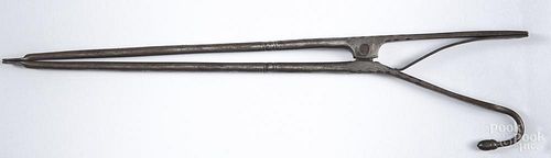 Pair of wrought iron ember tongs, 20th c., with acorn terminals, 15'' l.
