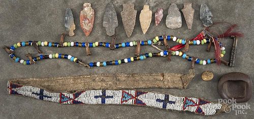 Native American Indian items, to include a trade bead necklace, a beaded belt, and various points.