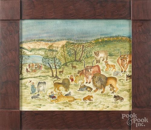 Oil on velvet theorem of the Peaceable Kingdom, by Dick and Marie Deverter, 13 1/2'' x 16 1/2''.