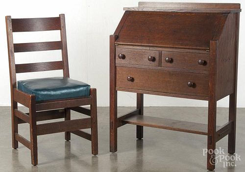 L & J. G. Stickley mission oak desk and chair, early 20th c., 40'' h., 29'' w.