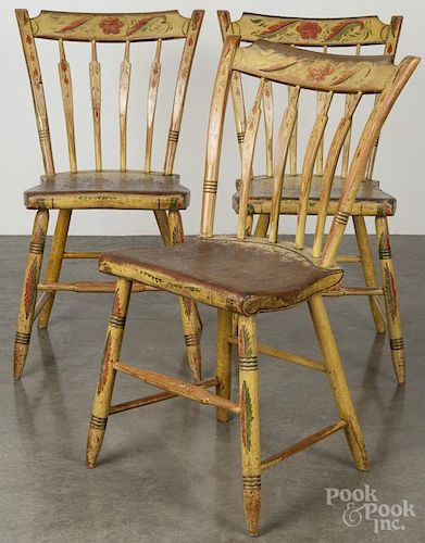 Set of six Pennsylvania painted plank seat dining chairs, 19th c.