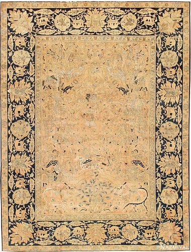 ANTIQUE SILK AND WOOL INDIAN AGRA HUNTING CARPET. Circa date: 1910. 16 ft 5 in x 12 ft 5 in (5 m x 3.78 m ).