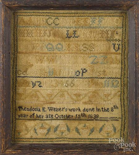 Wool on linen sampler, ca. 1840, wrought by Theodosia Weiser, 17'' x 15''